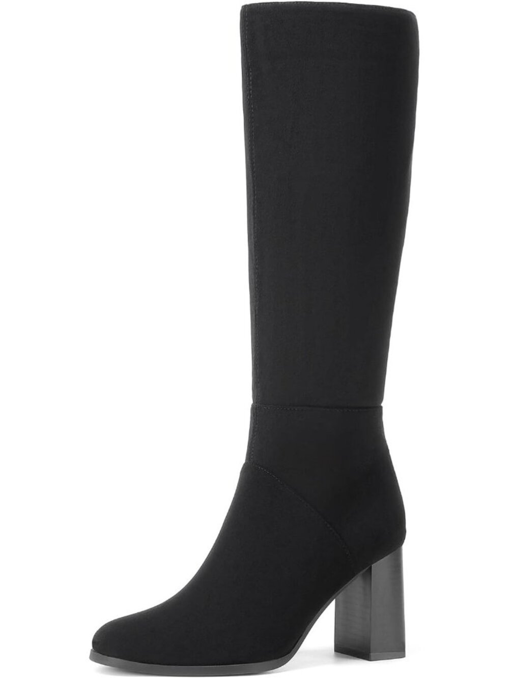Women's Black Faux Suede Chunky Block Heel Fashion Round Toe Knee High Boots